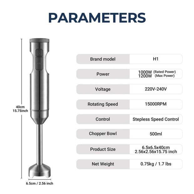 MIUI Hand Immersion Blender 1000W Powerful 4-in-1,Stainless Steel Stick Food Mixer,700ml Mixing Beaker,500ml Processor,Whisk