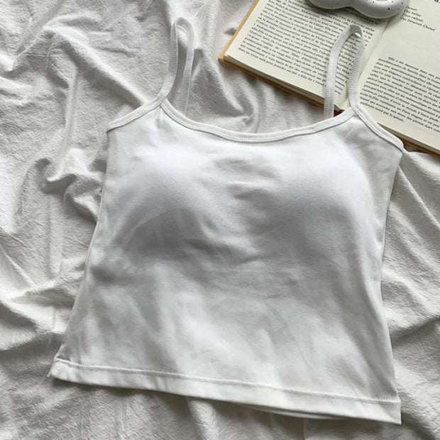 Women's Solid Color Spaghetti Straps Sleeveless Slim Camisole with Chest Pad Cotton Summer Wear Outside Female Short Tops Vests