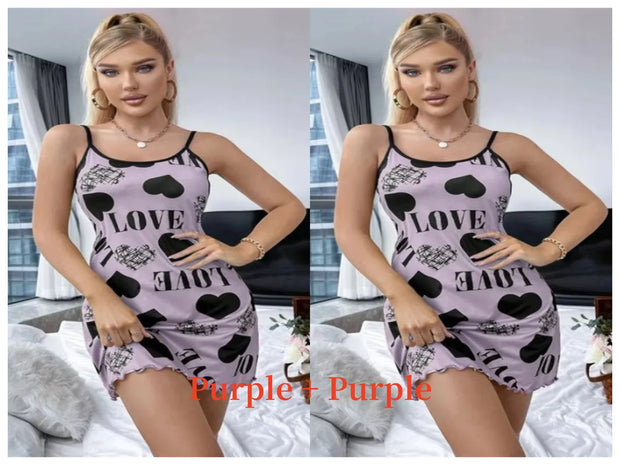 Summer New Women's Nightgown Beauty Back Thin Section Of Home Wear Sexy Halter Short Skirt Love Cartoon Cute Printing Pajamas
