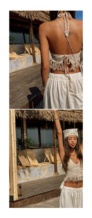 Boho Crochet Halter Top for Women Summer Beach Knit Crop Top with Tassels Backless Sleeveless Bralette
