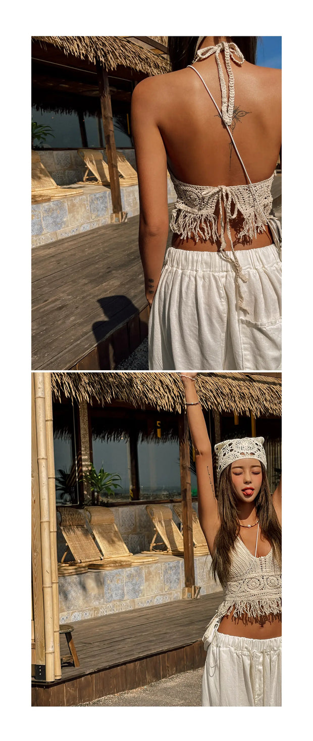 Boho Crochet Halter Top for Women Summer Beach Knit Crop Top with Tassels Backless Sleeveless Bralette