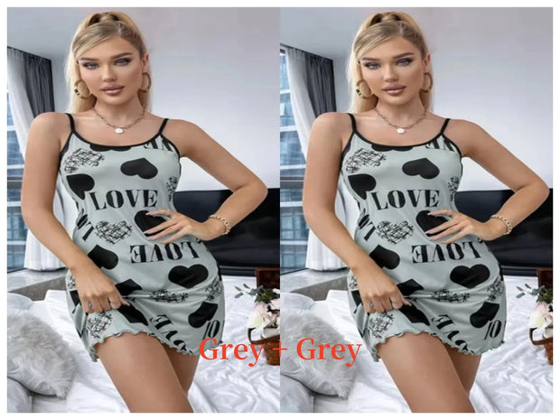 Summer New Women's Nightgown Beauty Back Thin Section Of Home Wear Sexy Halter Short Skirt Love Cartoon Cute Printing Pajamas