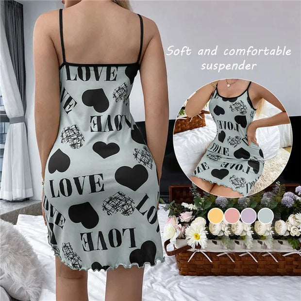 Summer New Women's Nightgown Beauty Back Thin Section Of Home Wear Sexy Halter Short Skirt Love Cartoon Cute Printing Pajamas