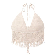 Boho Crochet Halter Top for Women Summer Beach Knit Crop Top with Tassels Backless Sleeveless Bralette