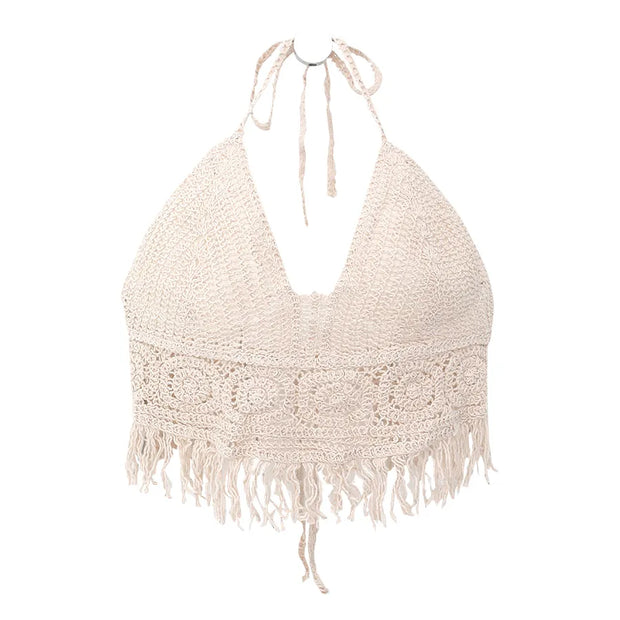 Boho Crochet Halter Top for Women Summer Beach Knit Crop Top with Tassels Backless Sleeveless Bralette