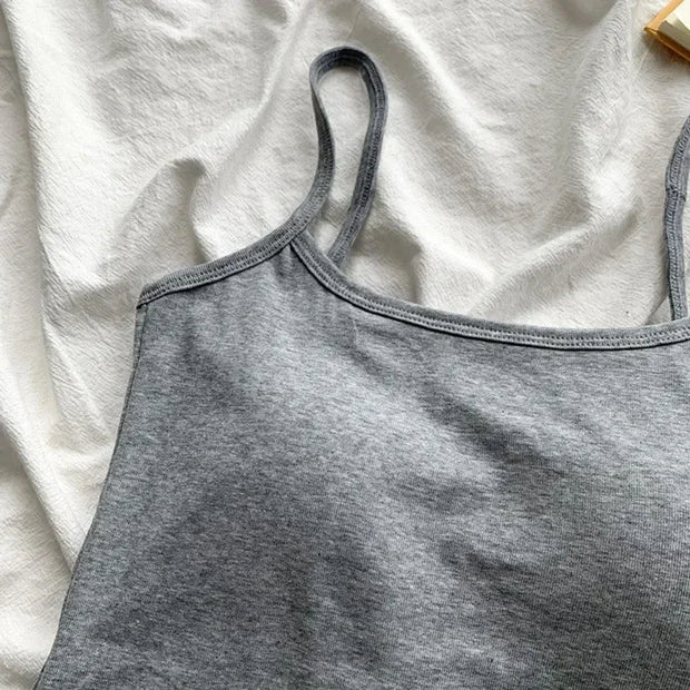 Women's Solid Color Spaghetti Straps Sleeveless Slim Camisole with Chest Pad Cotton Summer Wear Outside Female Short Tops Vests