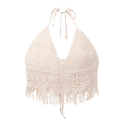 Boho Crochet Halter Top for Women Summer Beach Knit Crop Top with Tassels Backless Sleeveless Bralette