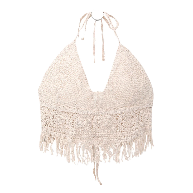 Boho Crochet Halter Top for Women Summer Beach Knit Crop Top with Tassels Backless Sleeveless Bralette