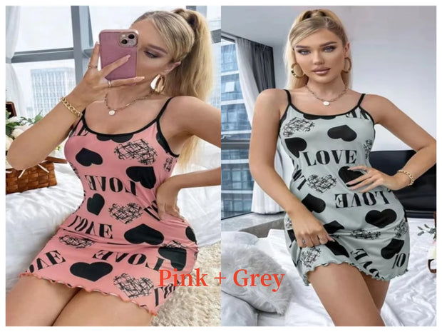 Summer New Women's Nightgown Beauty Back Thin Section Of Home Wear Sexy Halter Short Skirt Love Cartoon Cute Printing Pajamas