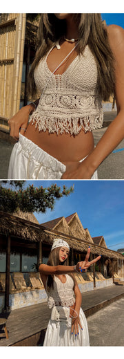 Boho Crochet Halter Top for Women Summer Beach Knit Crop Top with Tassels Backless Sleeveless Bralette
