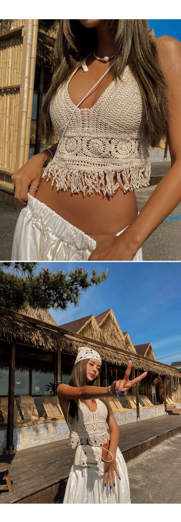 Boho Crochet Halter Top for Women Summer Beach Knit Crop Top with Tassels Backless Sleeveless Bralette