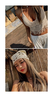 Boho Crochet Halter Top for Women Summer Beach Knit Crop Top with Tassels Backless Sleeveless Bralette