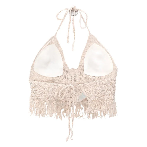 Boho Crochet Halter Top for Women Summer Beach Knit Crop Top with Tassels Backless Sleeveless Bralette